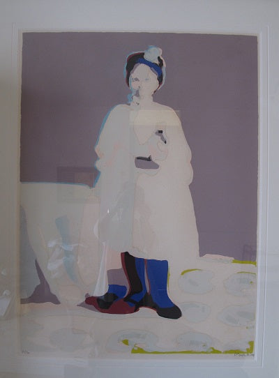 Framed serigraph by Roberto Moya featuring a figure in a white garment with blue and red accents, standing against a grey background with abstract elements.