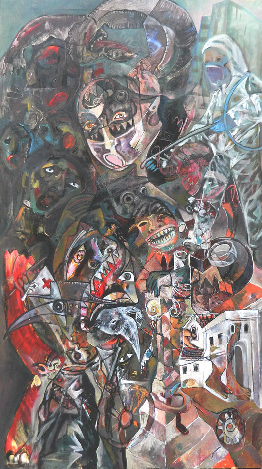 Abstract acrylic painting featuring faces  and masks in a chaotic composition