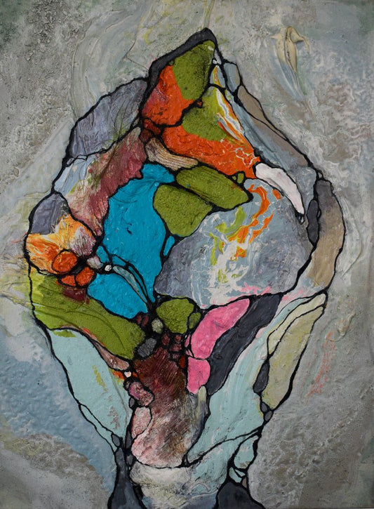 A mixed media on canvas artwork with an abstract composition featuring various colors and textures.