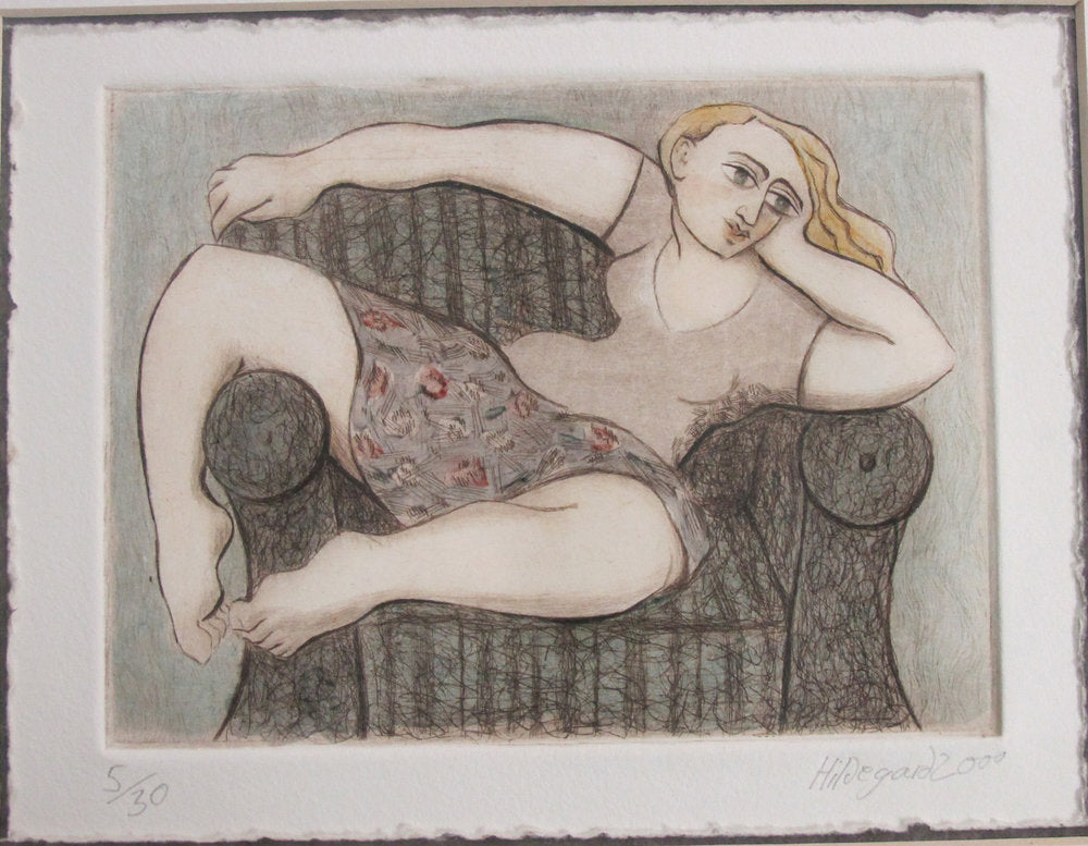 A serigraph print featuring a seated nude female figure with her arm extended, relaxing, with a blurred background.