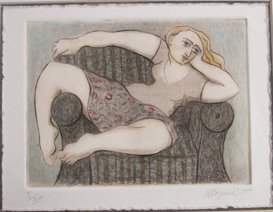 A serigraph print featuring a seated nude female figure with her arm extended, relaxing, with a blurred background.