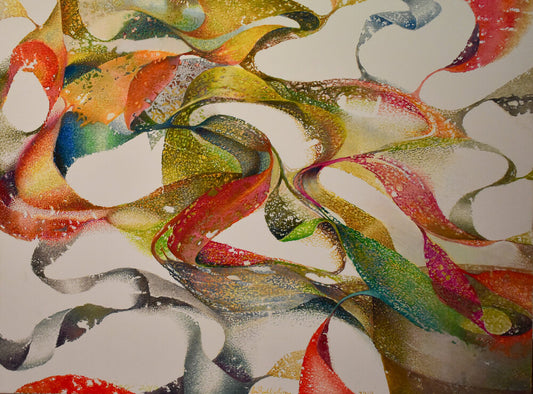 An abstract oil painting on canvas featuring a vivid, swirling pattern of multicolored leaf like strokes