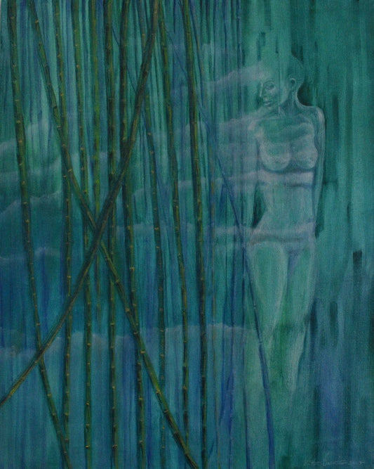 Painting showing a woman in a bamboo forest embellished in fog
