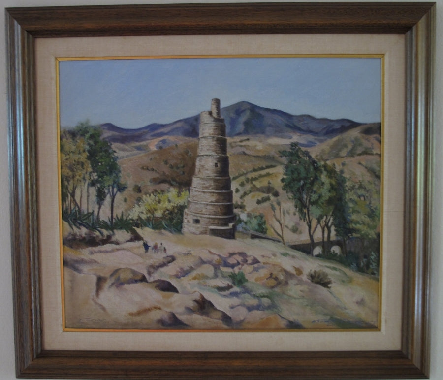 A framed oil on canvas painting depicting a mountainous landscape with a large, cylindrical structure, in the foreground.