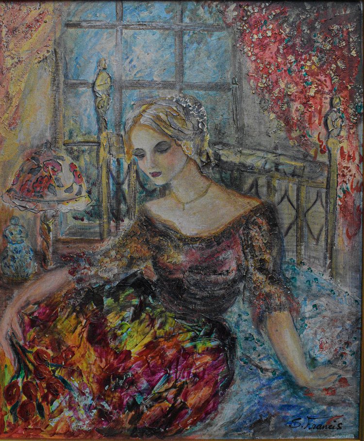 Painting of a woman sitting on a bed with a colorful dress