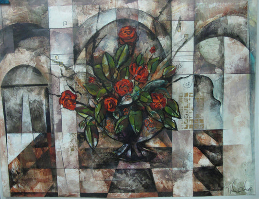 Original abstract painting on paper featuring a vase with red and green flowers and decorative elements in a mixed media style.