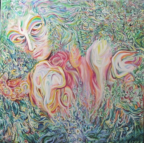 Abstract painting with natural elements portraying the face of a female figura fading into a linear pattern in green and red hues.
