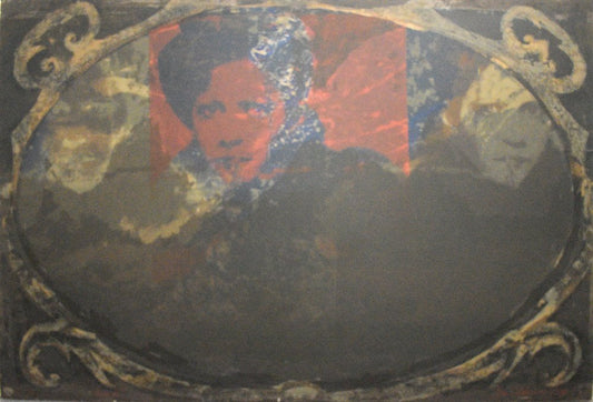 A serigraph print featuring a stylized, abstract portrait in red, blue, and black colors, enclosed within a decorative, ornate frame.