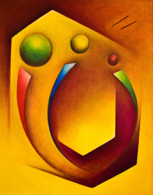 An abstract oil painting on canvas featuring a geometric design with multiple colors.