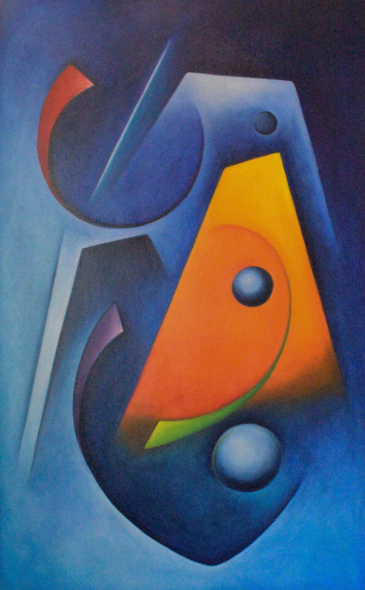 An abstract oil painting on canvas featuring a geometric design with multiple colors.