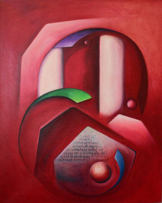 An abstract painting featuring geometric and textual elements on a red background.
