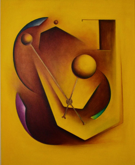 An abstract oil painting on canvas featuring a stylized, geometric figure with spherical and cosmic motifs in a warm color palette.