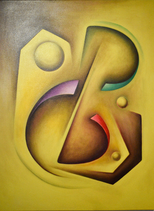 An abstract painting featuring a yellow color with geometric shapes and lines