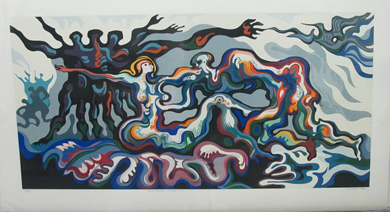 A vibrant, abstract painting featuring a figure with multiple arms and a tree in the background, set on a dark background with a brightly colored, swirling pattern.
