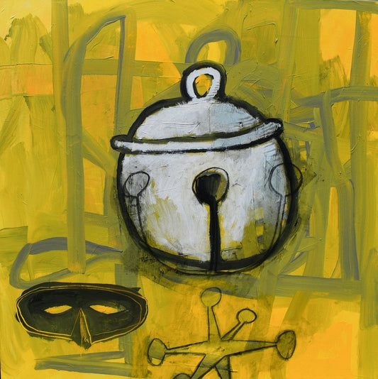 An abstract acrylic painting on canvas featuring a bell, set against a yellow background with additional abstract elements.