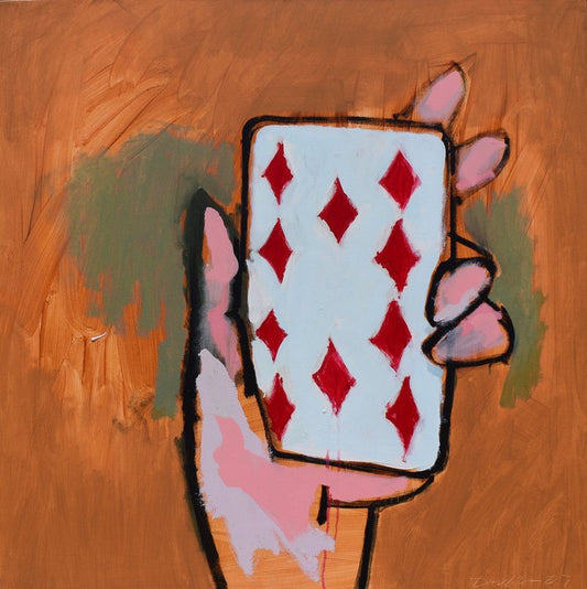 An abstract painting depicting a hand holding a card with a geometric pattern, primarily in red and blue colors on a beige background.