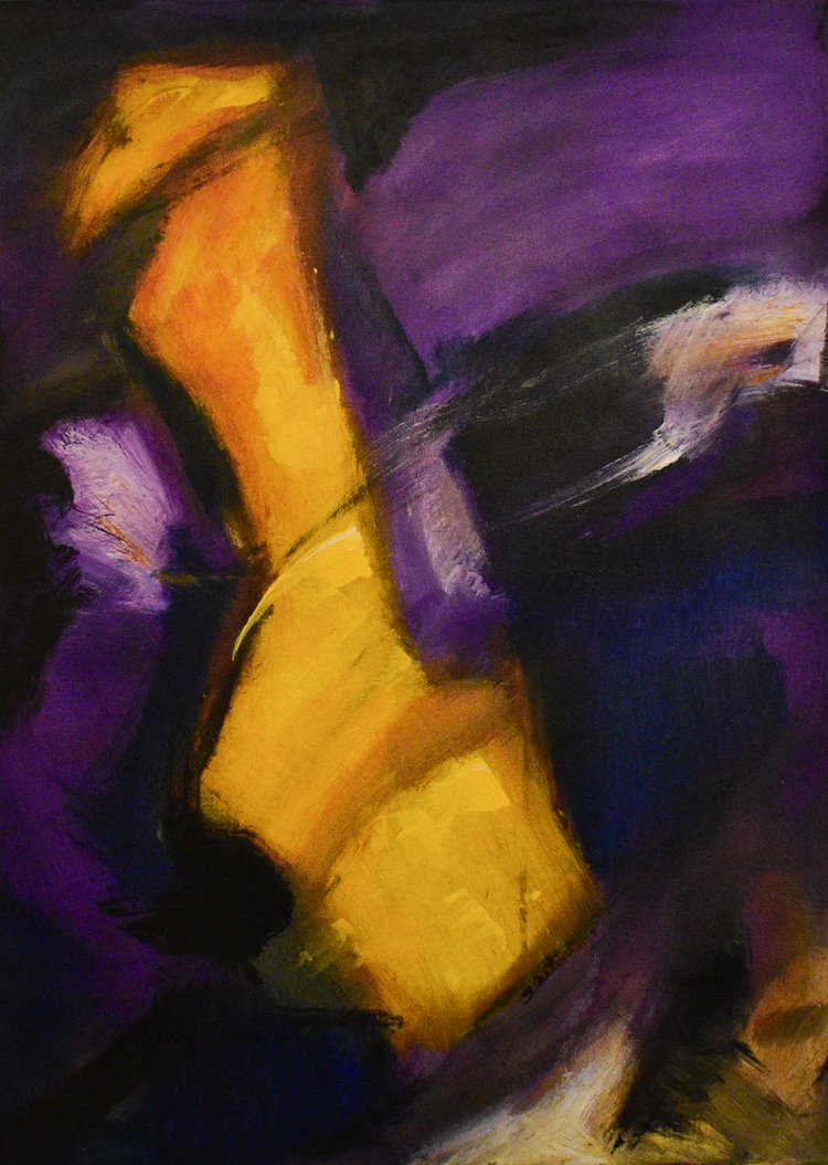 An abstract painting featuring a golden yellow and purple color palette with a modern geometric shape.