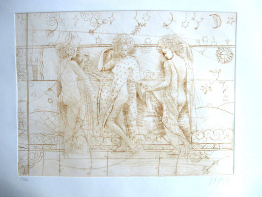 An artwork titled 'Las Tres Gracias' by Csaba Markus featuring engravings of three figures in a dance pose with decorative elements and floral motifs.