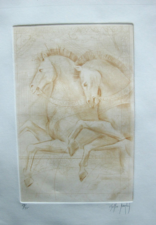 A serigraph of two horses with a dark background, created by Csaba Markus.