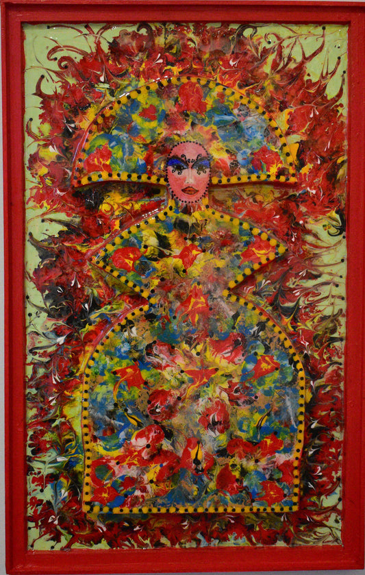 Colorful abstract artwork with a central femenine figure and fiery elements, framed in red