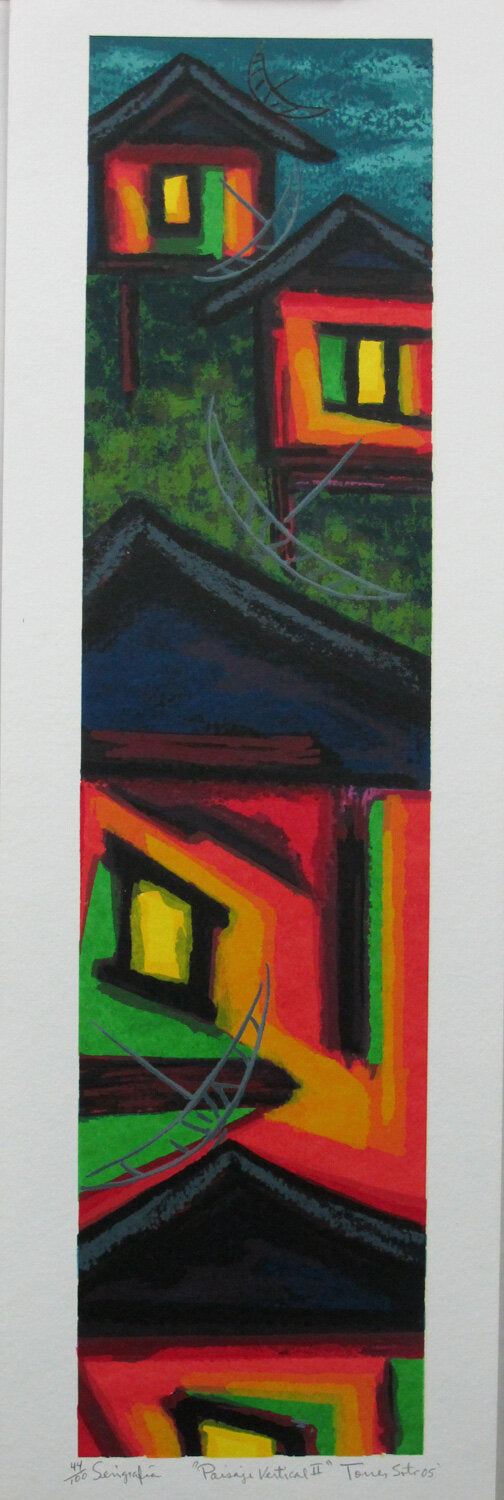 A vertical serigraph featuring abstracted, multicolored representations of houses, with a mix of warm and cool colors.