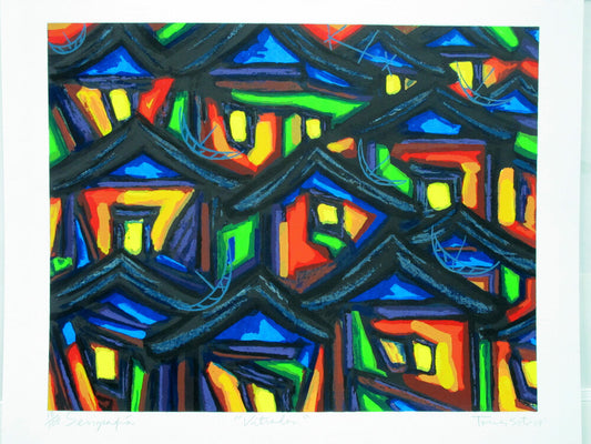 A colorful abstract artwork featuring a pattern of stylized houses on a white background.