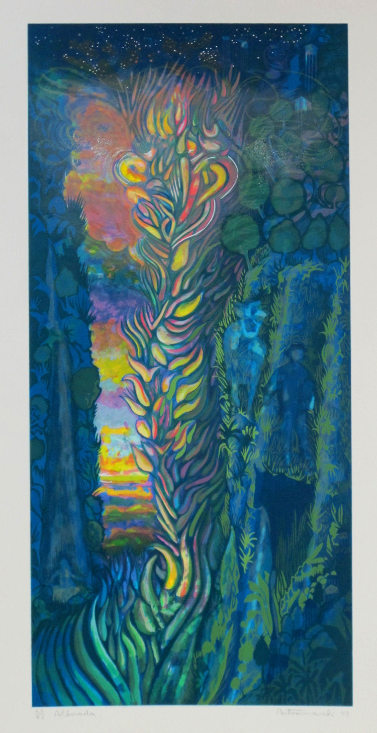 A colorful abstract serigraph artwork with a vibrant mix of blues, reds, and greens, showcasing a stylized floral or organic form against a dark background.