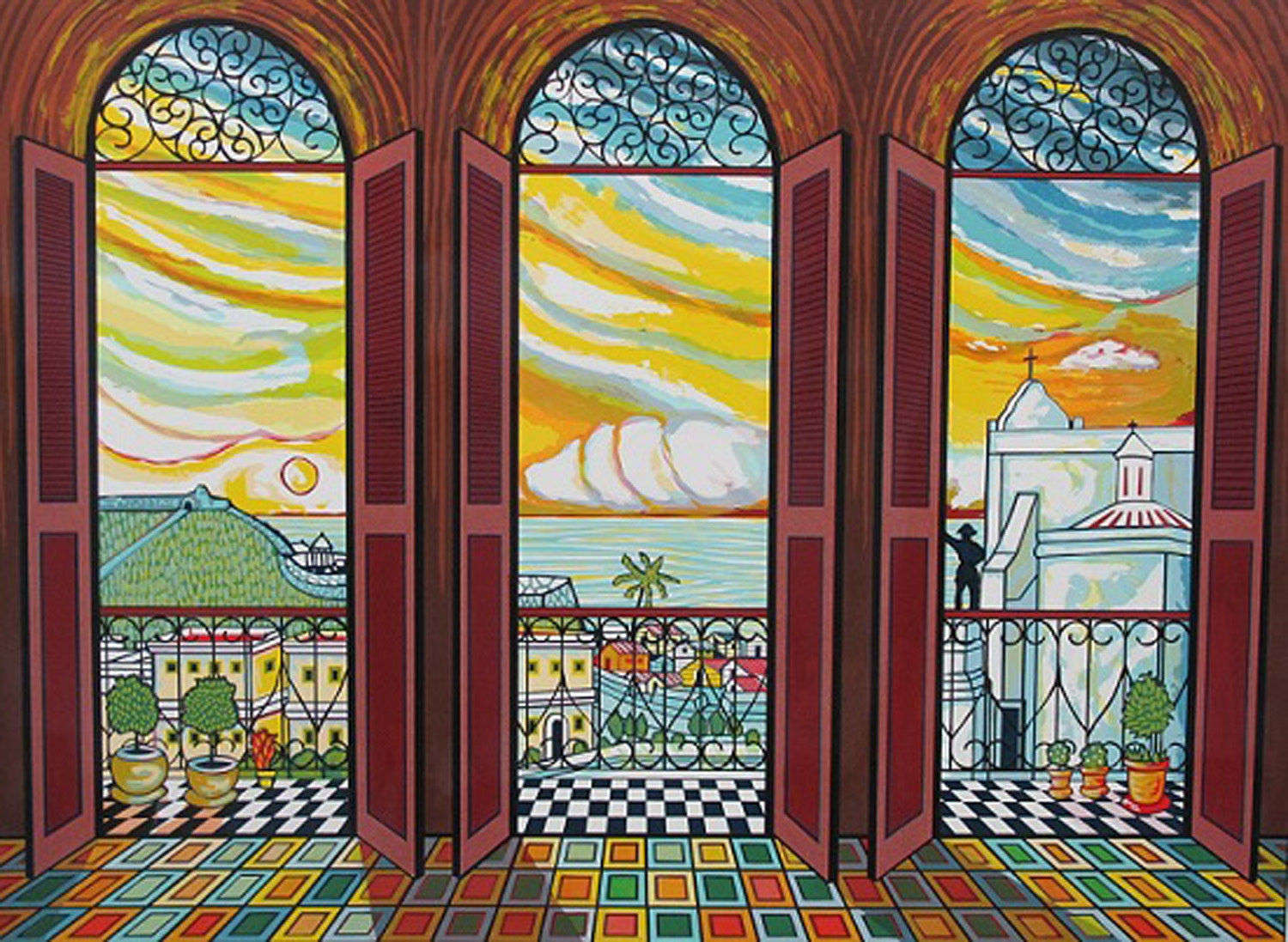 Serigraph  depicting open windows overlooking the ocean view of old san juan