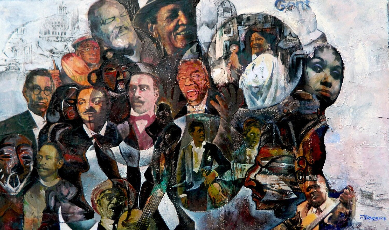 A canvas painting titled 'Mestizos somos todos' featuring a collage of various human faces and elements in a mixed media style.