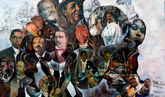 A canvas painting titled 'Mestizos somos todos' featuring a collage of various human faces and elements in a mixed media style.