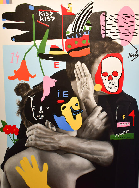 A mixed media canvas painting featuring abstract and figurative elements including a couple embracing, a skull, and various colors and text.