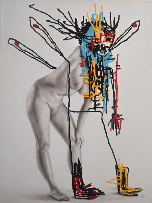 Abstract painting with various elements featuring a naked woman with drawn lines forming boots and other things