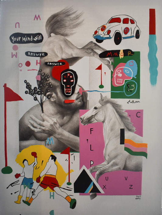 An acrylic/mixed media painting on canvas featuring various abstract and figurative elements, including a horse, a person with a umbrella, and text.