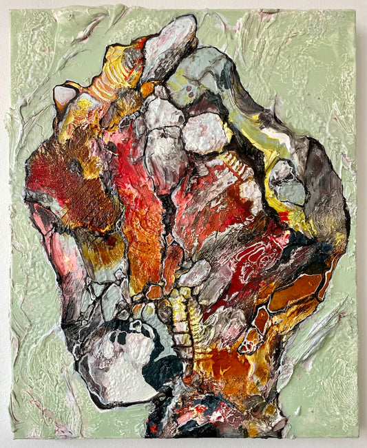 A mixed media canvas painting featuring an abstract depiction of a PuertoRican farme with vibrant colors on a textured background.