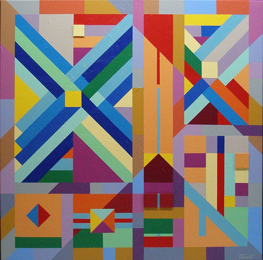 Abstract paiinting with geometrical linear patterns in a colorful palette