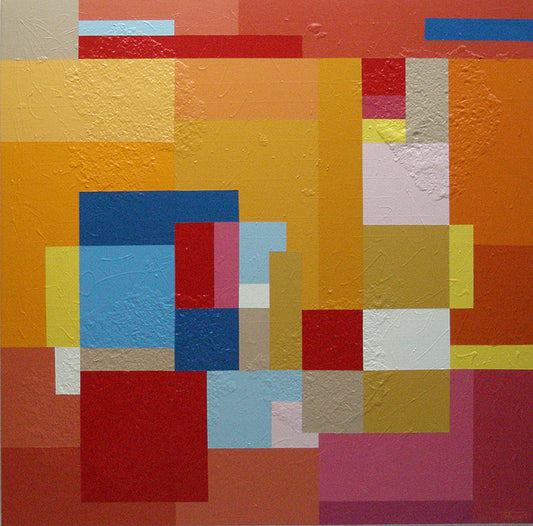 A geometric patterned abstract artwork featuring various colors on a textured canvas.