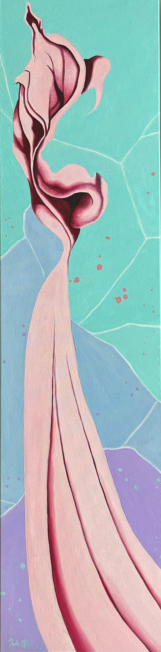 An abstract oil painting on canvas featuring a pink and purple color scheme with a fluid, organic form against a turquoise background.