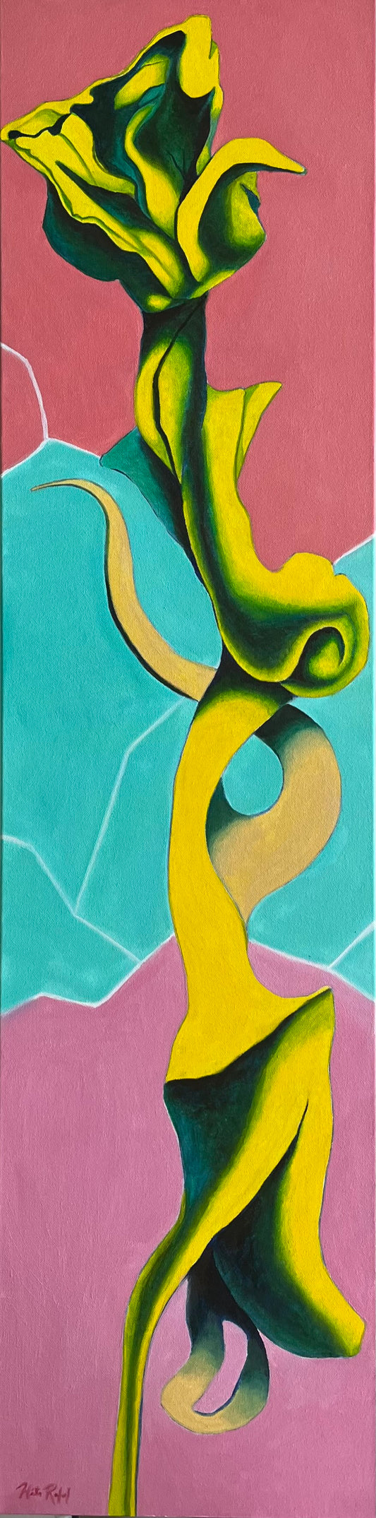 An abstract painting with a yellow and green floral-like shape on a pink background.