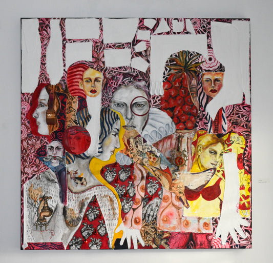 Collage art painting with various faces and patterns on a white background