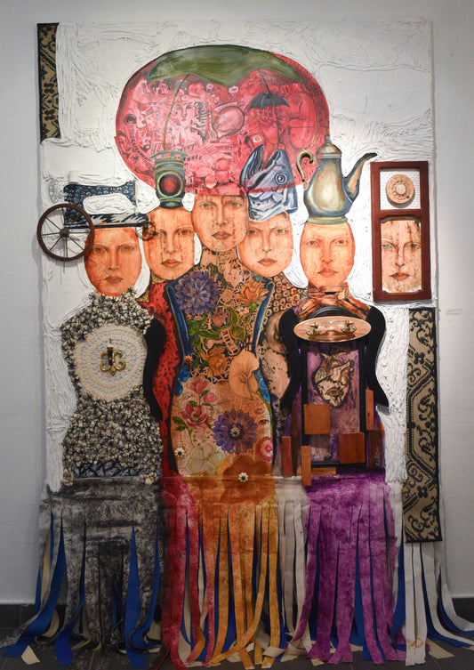 Colorful mixed media paintingwith faces and various objects.