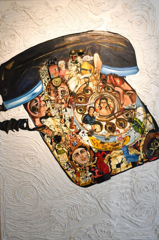 A mixed media artwork featuring oil on canvas with a telephone and various objects embedded within the canvas