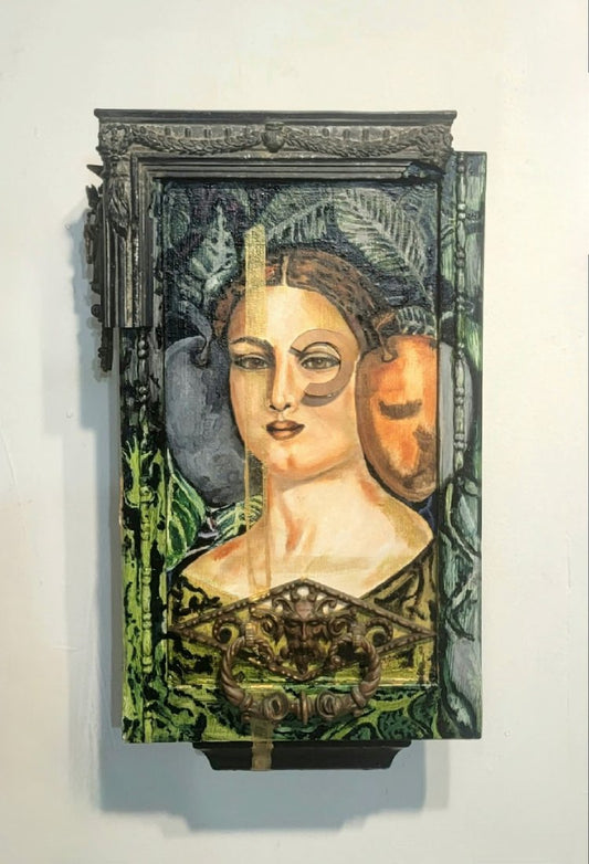 A mixed media artwork featuring a portrait of a woman with a fruit in the background, framed in a dark color.