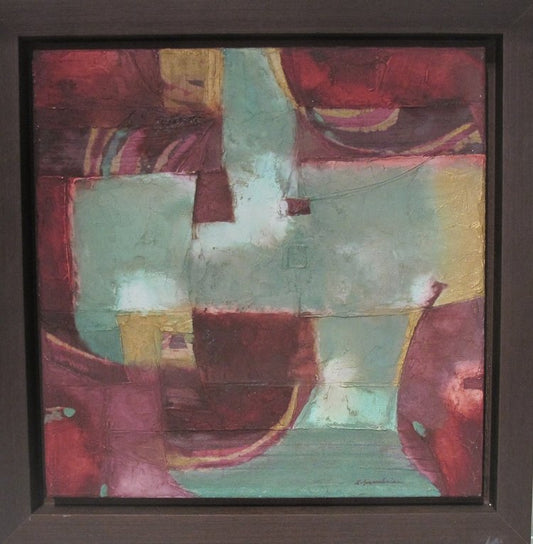 A square-shaped canvas painting featuring an abstract composition in red, blue, and beige colors, framed in a brown wooden frame.