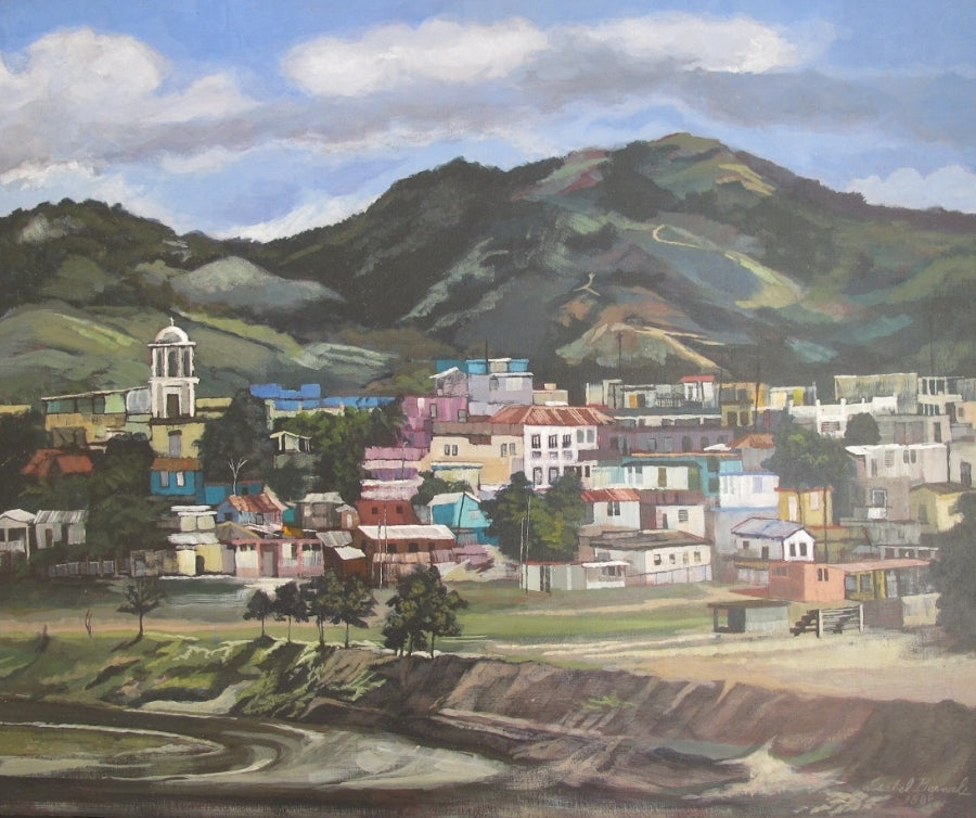 An original painting depicting a town landscape, titled 'Pueblo de San Lorenzo' by Isabel Bernal.