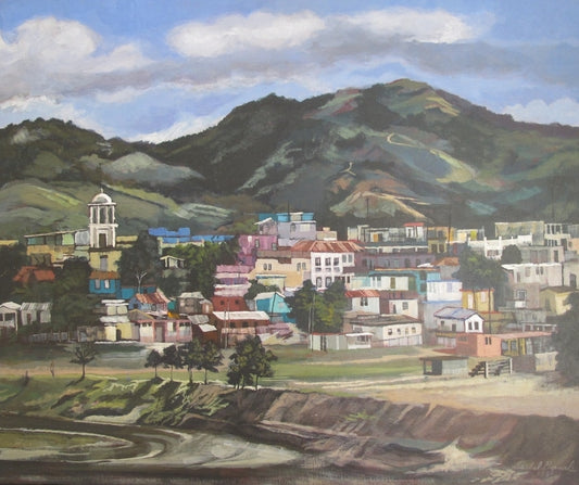 An original painting depicting a town landscape, titled 'Pueblo de San Lorenzo' by Isabel Bernal.