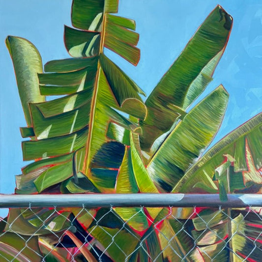 A canvas painting featuring a detailed depiction of green banana leaves with a clear blue sky in the background, partially obscured by a metal grid structure.