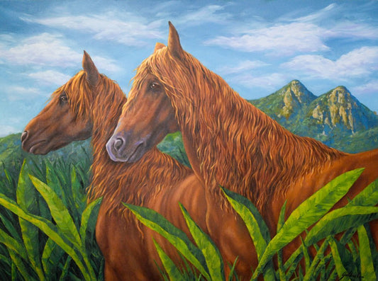 Painting portraying two horses on a field with vegetation and a pair of mountains in the background