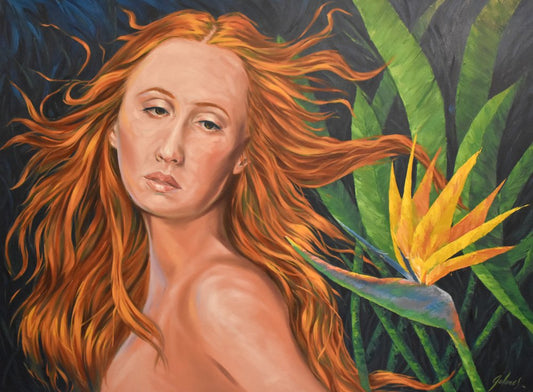 A painting titled 'Eva del paraíso II' featuring a female figure with red hair and a yellow flower, with a green background.