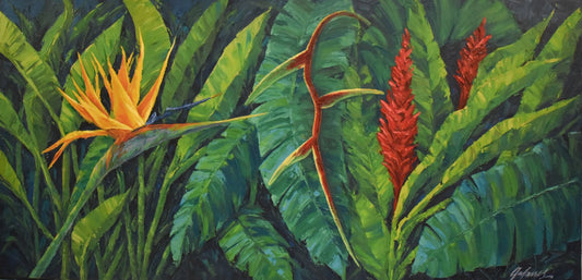 Colorful painting of green vegetation and red flowers