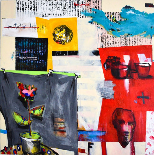An abstract acrylic painting on canvas featuring various colors and artistic symbols.